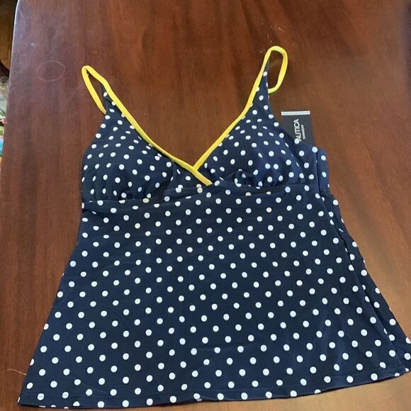 Nautica navy white polka dot bathing suit top with yellow trim Size M NWT - Picture 3 of 6